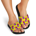Purple EDM Pineapple Pattern Print Black Slide Sandals
