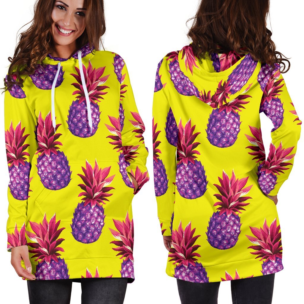 Purple EDM Pineapple Pattern Print Hoodie Dress GearFrost