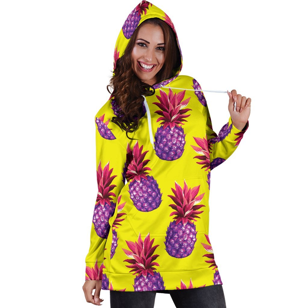 Purple EDM Pineapple Pattern Print Hoodie Dress GearFrost