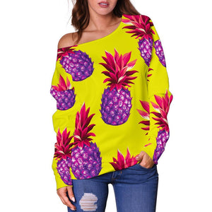 Purple EDM Pineapple Pattern Print Off Shoulder Sweatshirt GearFrost