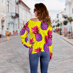 Purple EDM Pineapple Pattern Print Off Shoulder Sweatshirt GearFrost