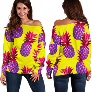 Purple EDM Pineapple Pattern Print Off Shoulder Sweatshirt GearFrost