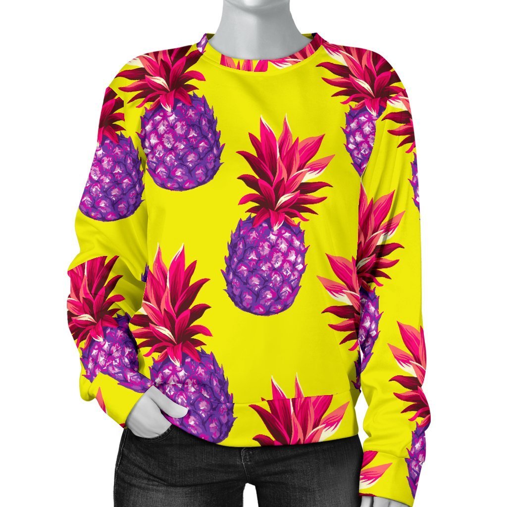 Purple EDM Pineapple Pattern Print Women's Crewneck Sweatshirt GearFrost