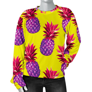 Purple EDM Pineapple Pattern Print Women's Crewneck Sweatshirt GearFrost