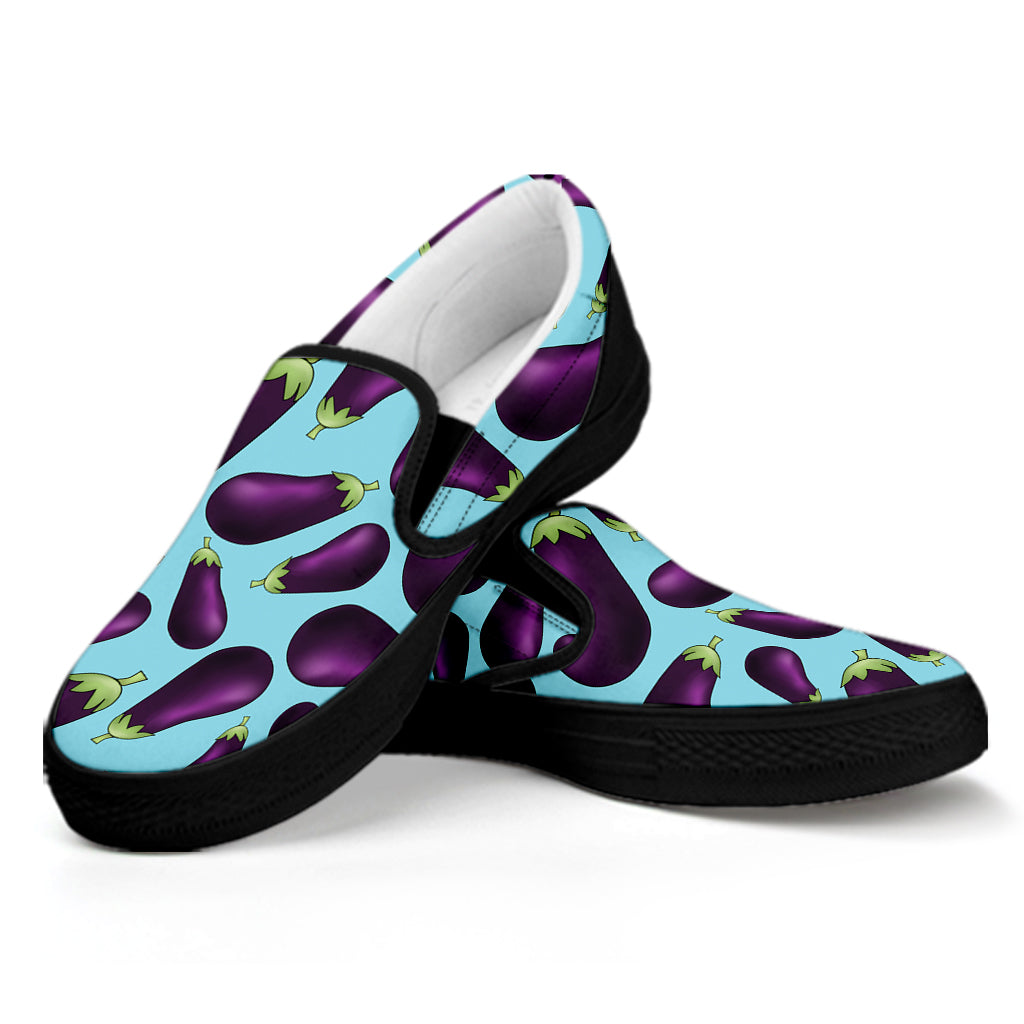 Purple Eggplant Pattern Print Black Slip On Shoes