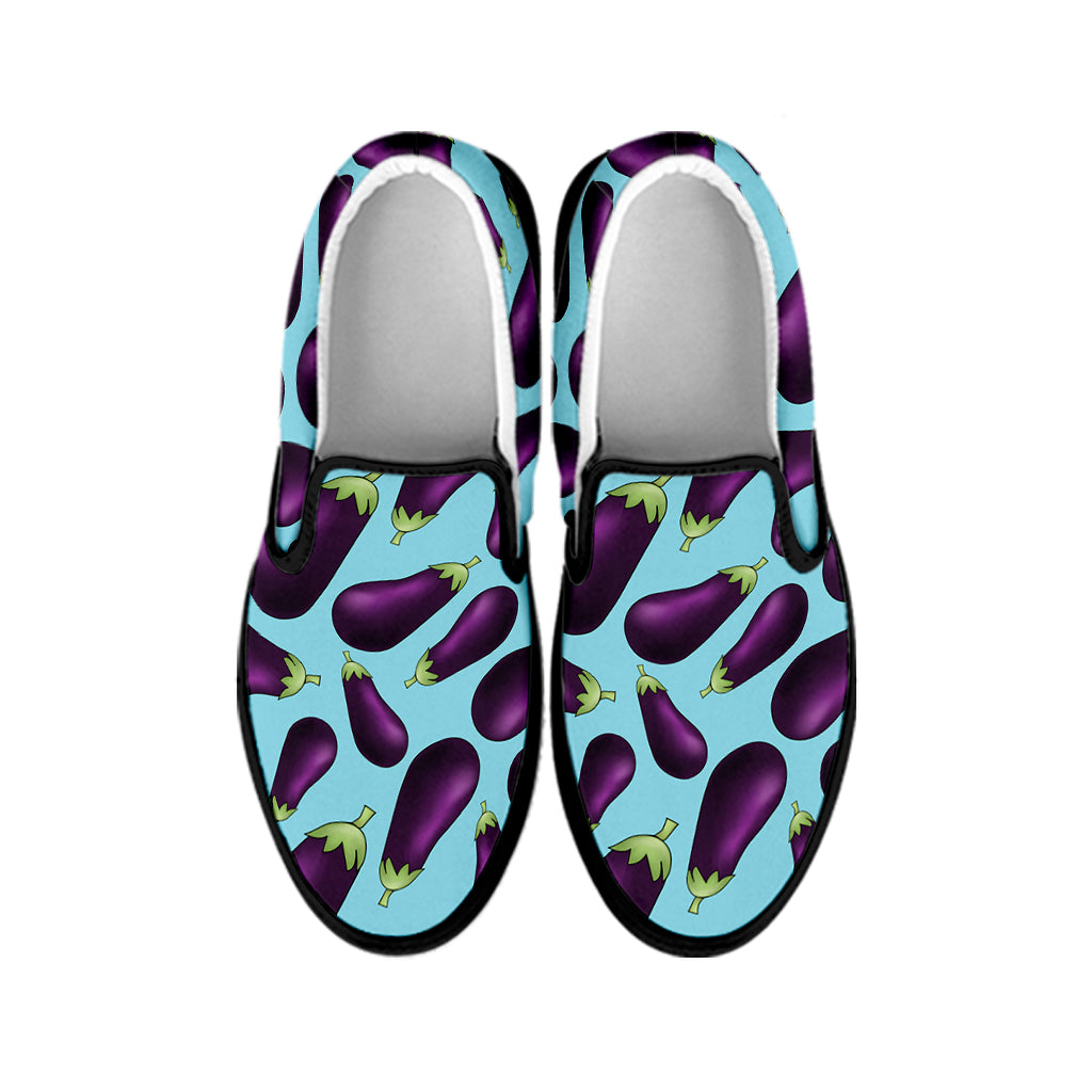 Purple Eggplant Pattern Print Black Slip On Shoes