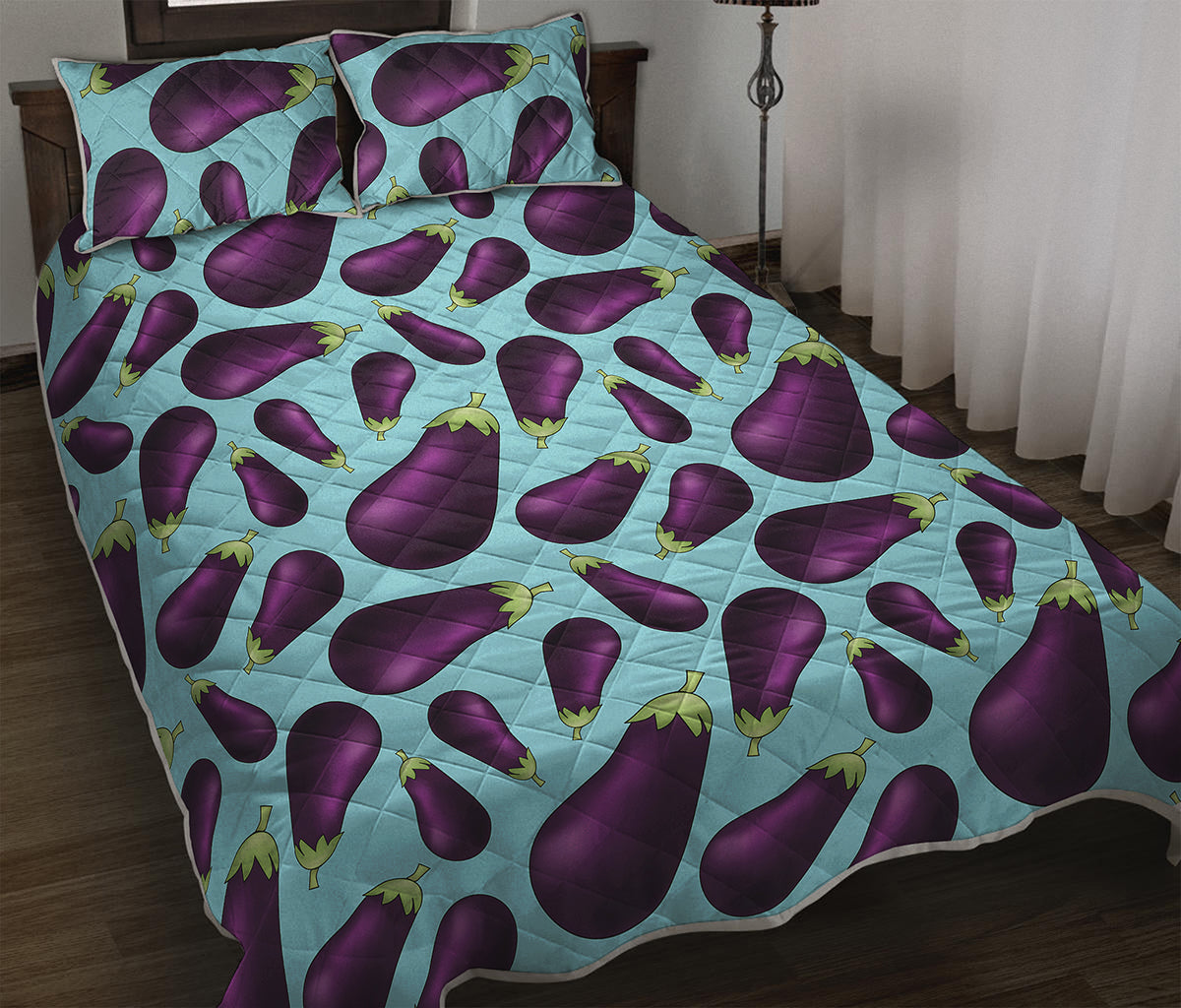 Purple Eggplant Pattern Print Quilt Bed Set