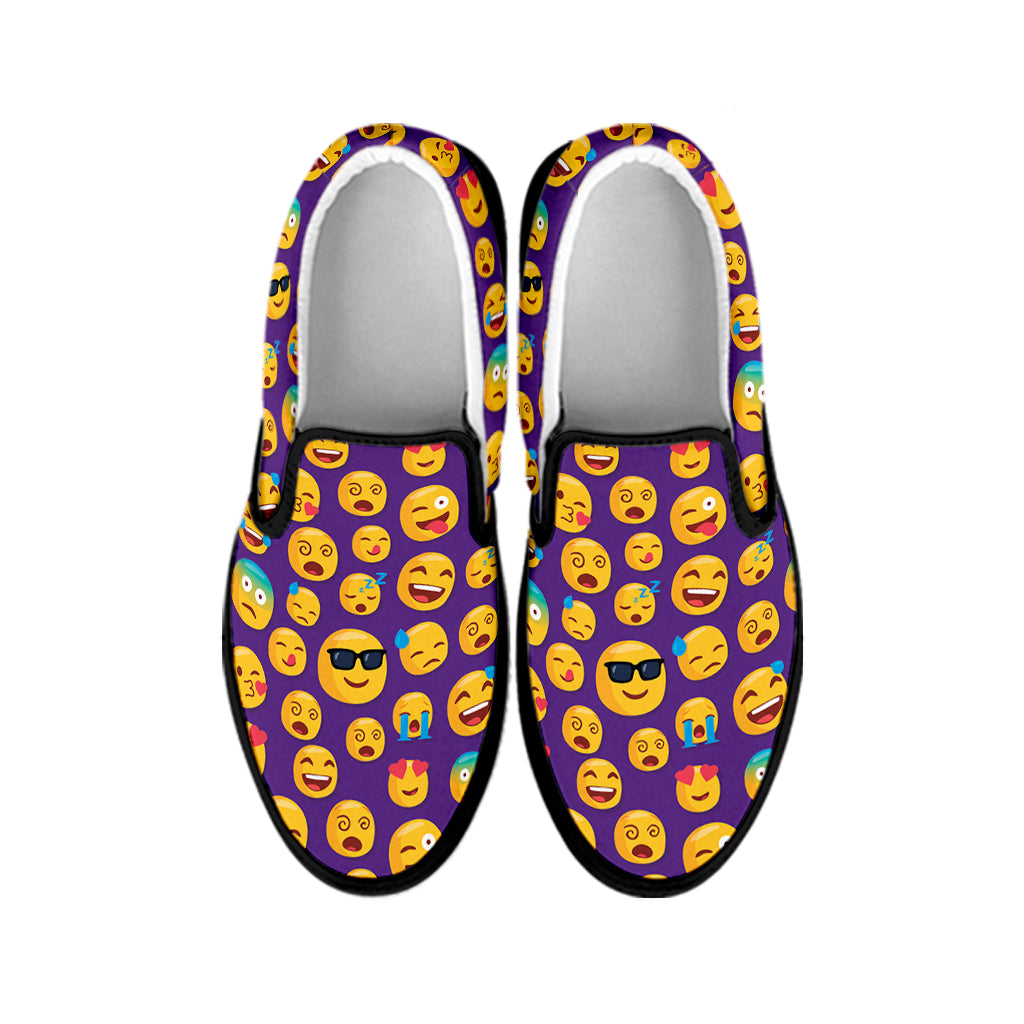 Purple Emoji Pattern Print Black Slip On Shoes