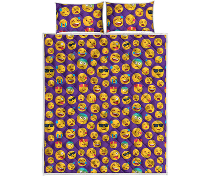 Purple Emoji Pattern Print Quilt Bed Set