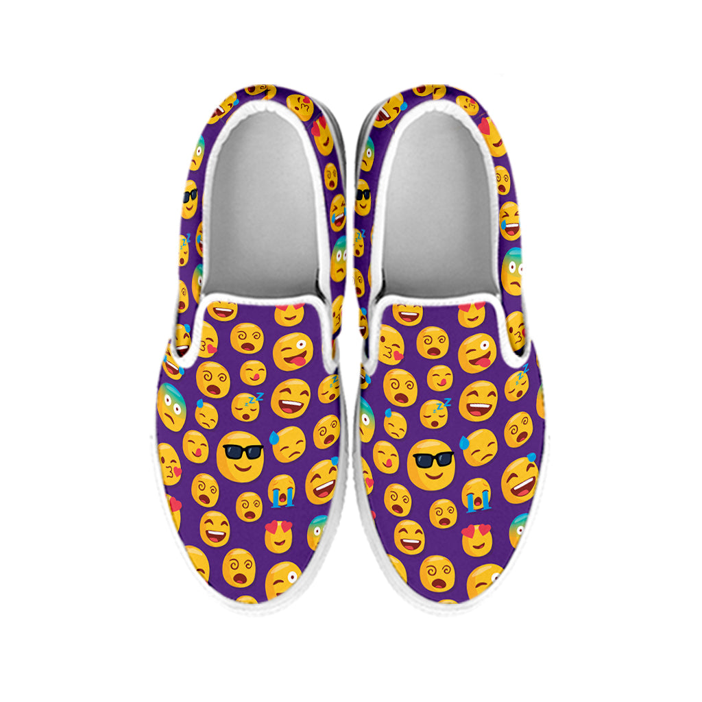 Purple Emoji Pattern Print White Slip On Shoes