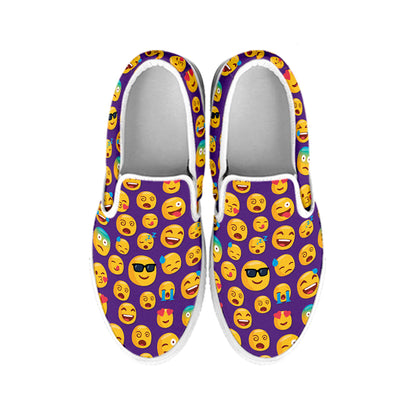Purple Emoji Pattern Print White Slip On Shoes
