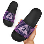 Purple Eye of Providence Print Black Slide Sandals
