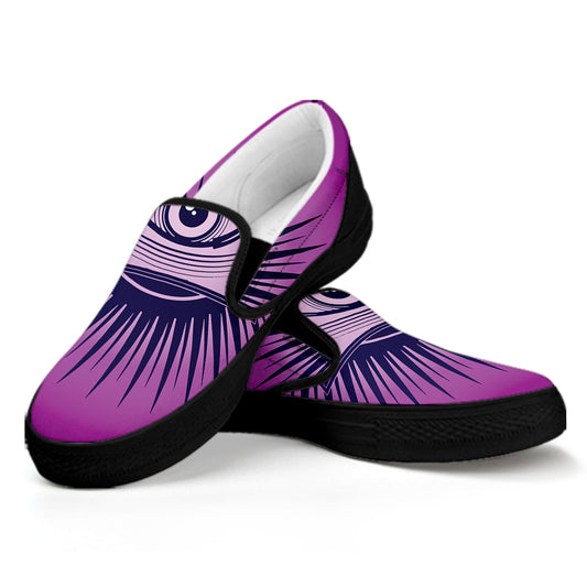 Purple Eye of Providence Print Black Slip On Shoes
