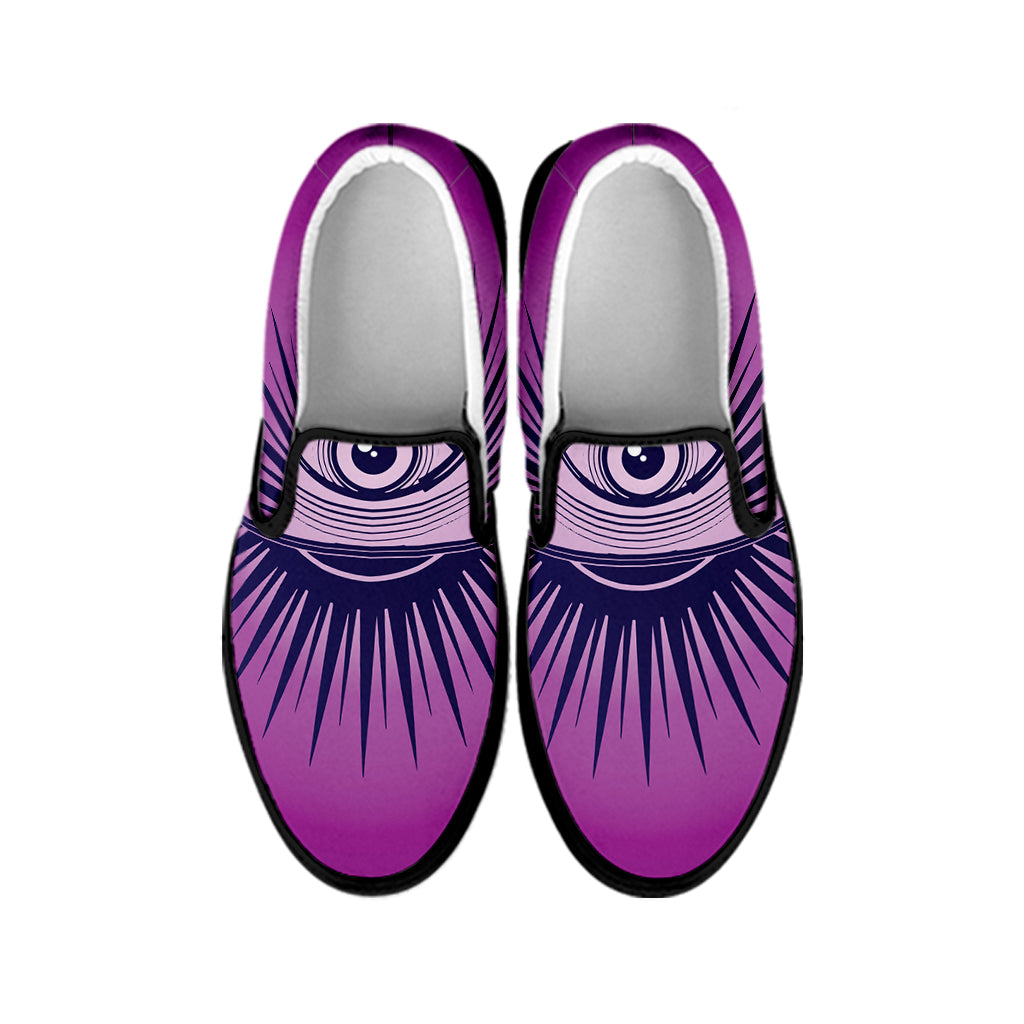 Purple Eye of Providence Print Black Slip On Shoes