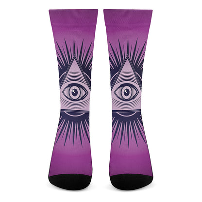 Purple Eye of Providence Print Crew Socks