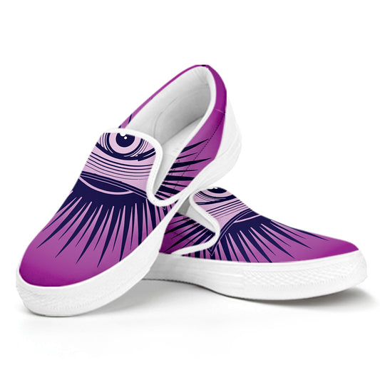 Purple Eye of Providence Print White Slip On Shoes