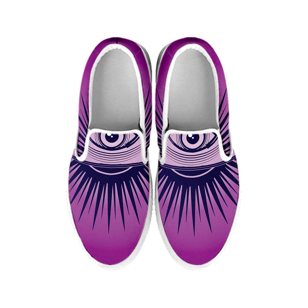 Purple Eye of Providence Print White Slip On Shoes