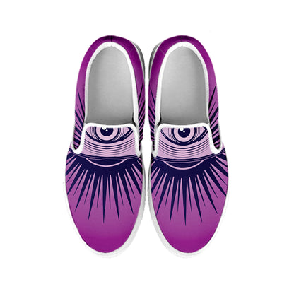 Purple Eye of Providence Print White Slip On Shoes
