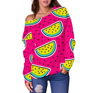 Purple Fancy Watermelon Pattern Print Off Shoulder Sweatshirt GearFrost