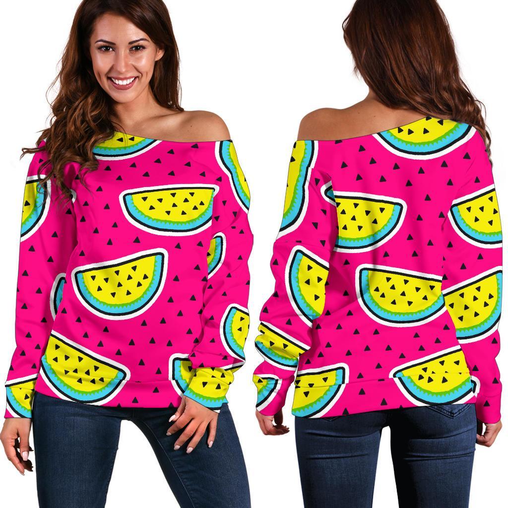 Purple Fancy Watermelon Pattern Print Off Shoulder Sweatshirt GearFrost