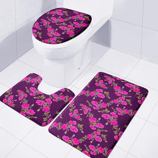 Purple Floral Flower Pattern Print 3 Piece Bath Mat Set
