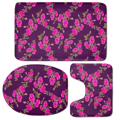 Purple Floral Flower Pattern Print 3 Piece Bath Mat Set