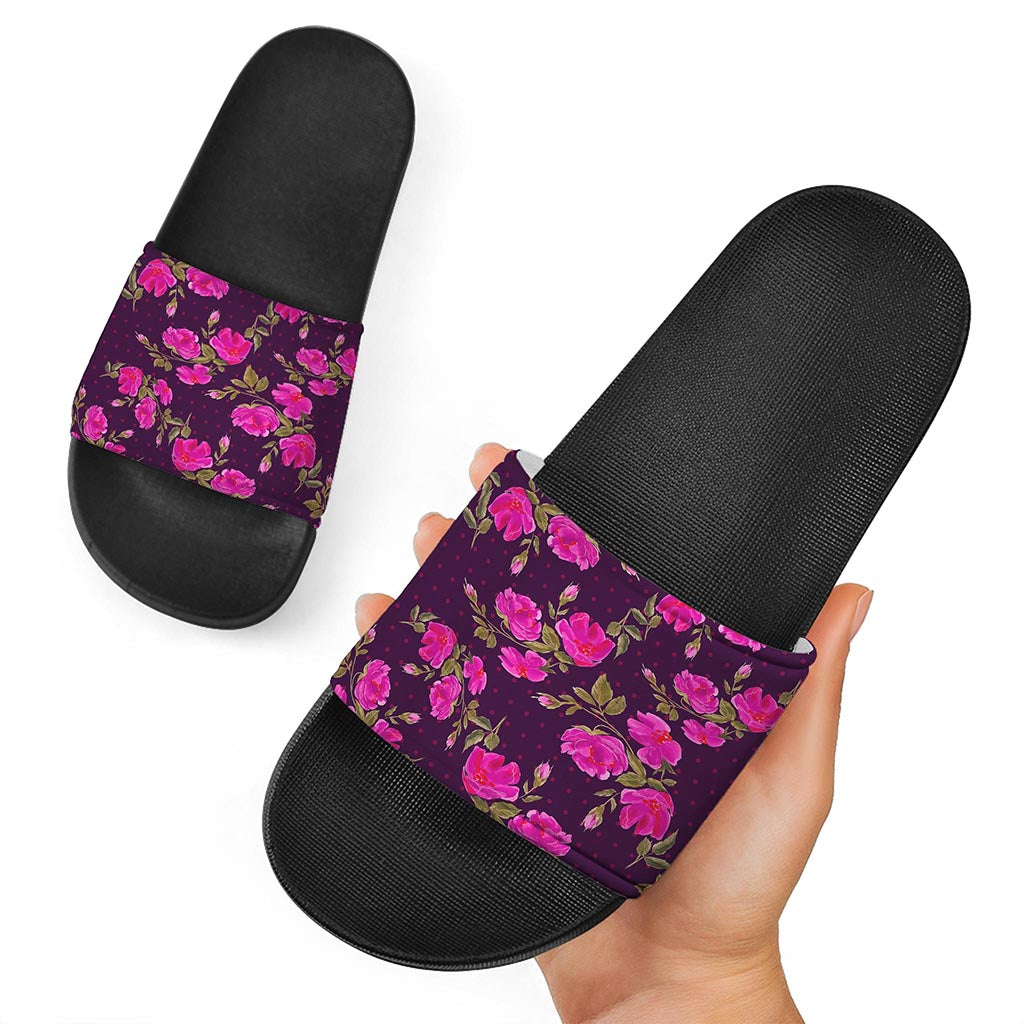 Purple Floral Flower Pattern Print Black Slide Sandals