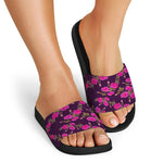 Purple Floral Flower Pattern Print Black Slide Sandals