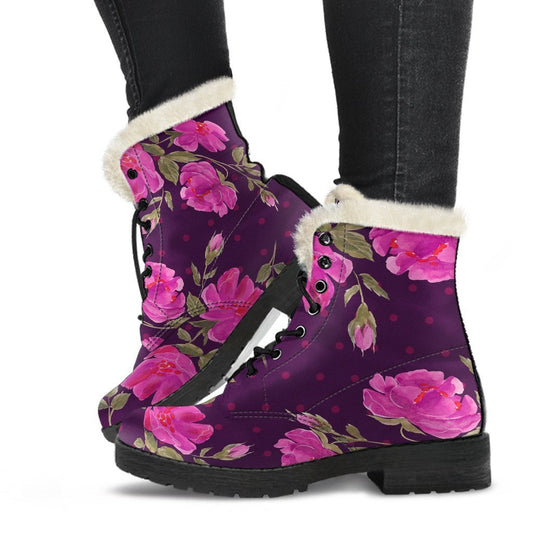 Purple Floral Flower Pattern Print Comfy Boots GearFrost
