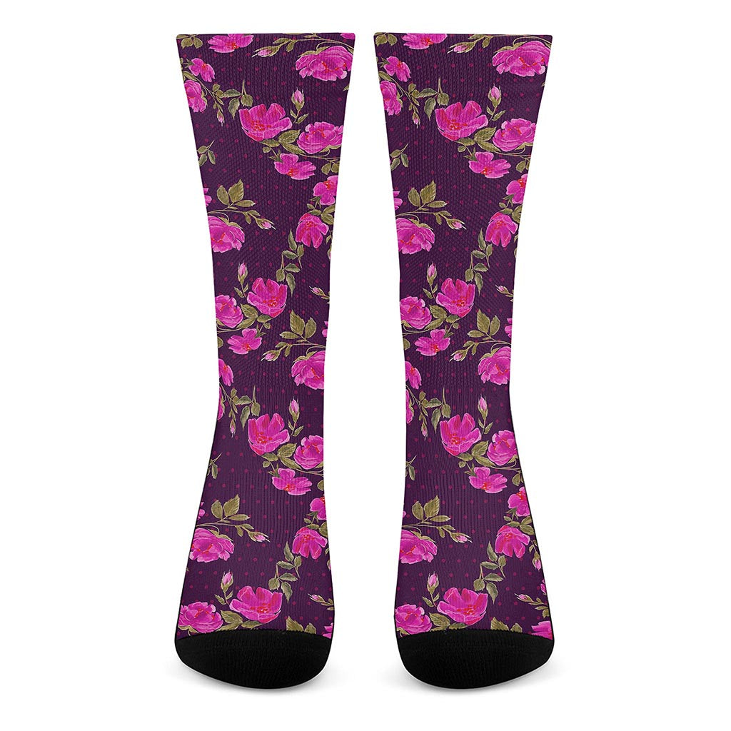 Purple Floral Flower Pattern Print Crew Socks