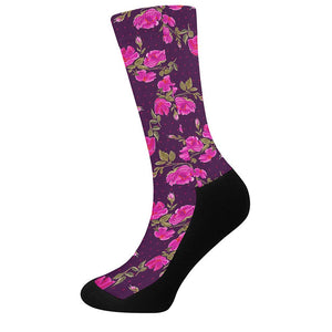 Purple Floral Flower Pattern Print Crew Socks