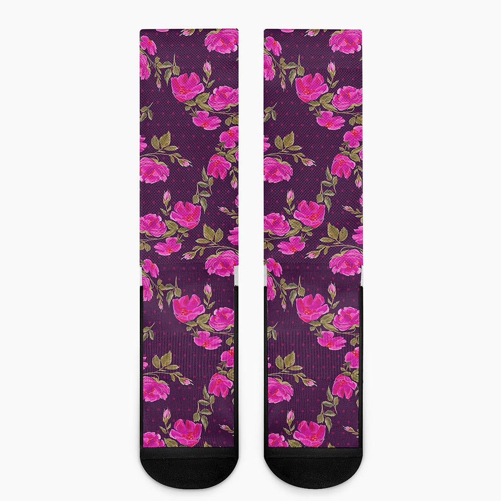 Purple Floral Flower Pattern Print Crew Socks