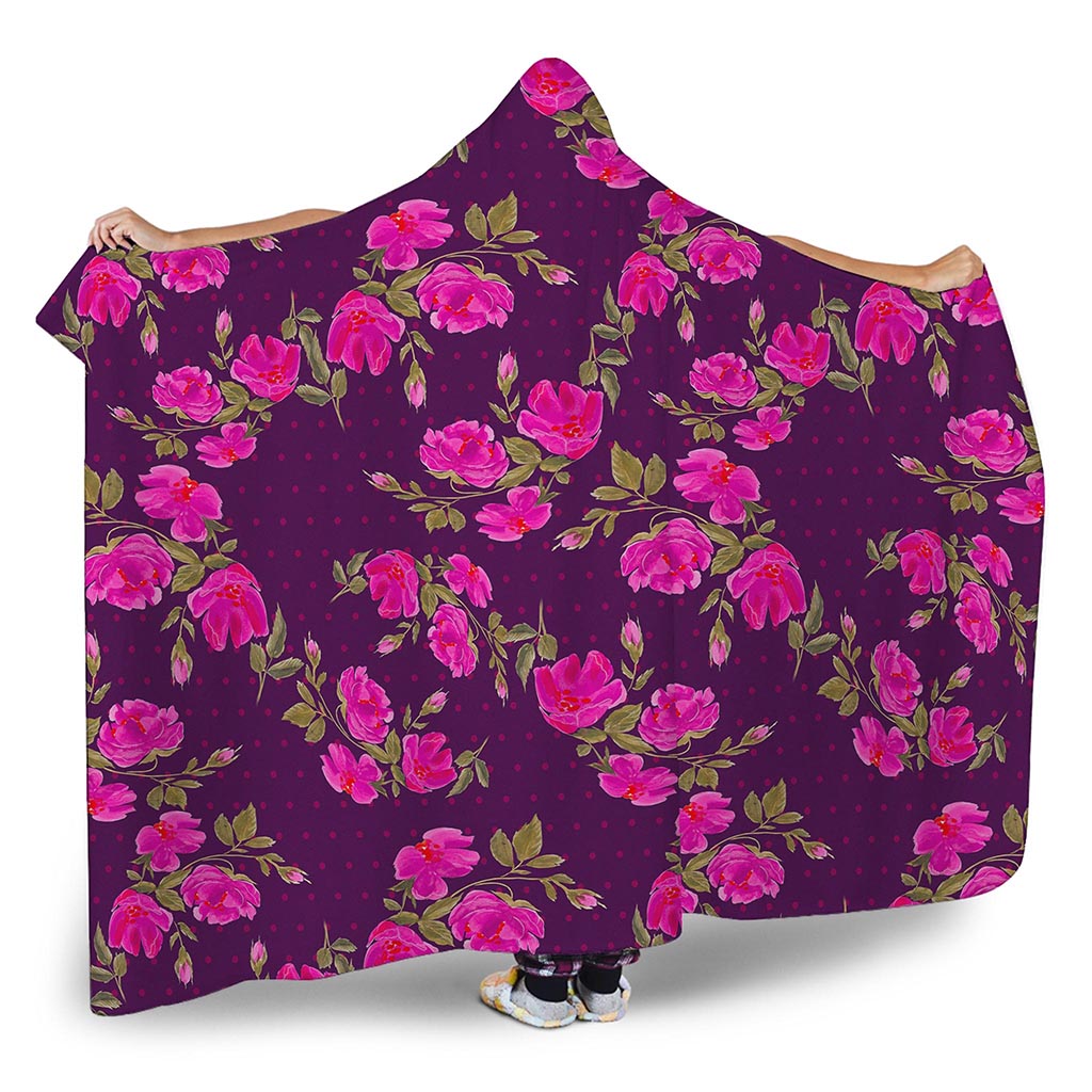 Purple Floral Flower Pattern Print Hooded Blanket