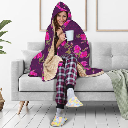 Purple Floral Flower Pattern Print Hooded Blanket