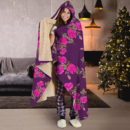 Purple Floral Flower Pattern Print Hooded Blanket