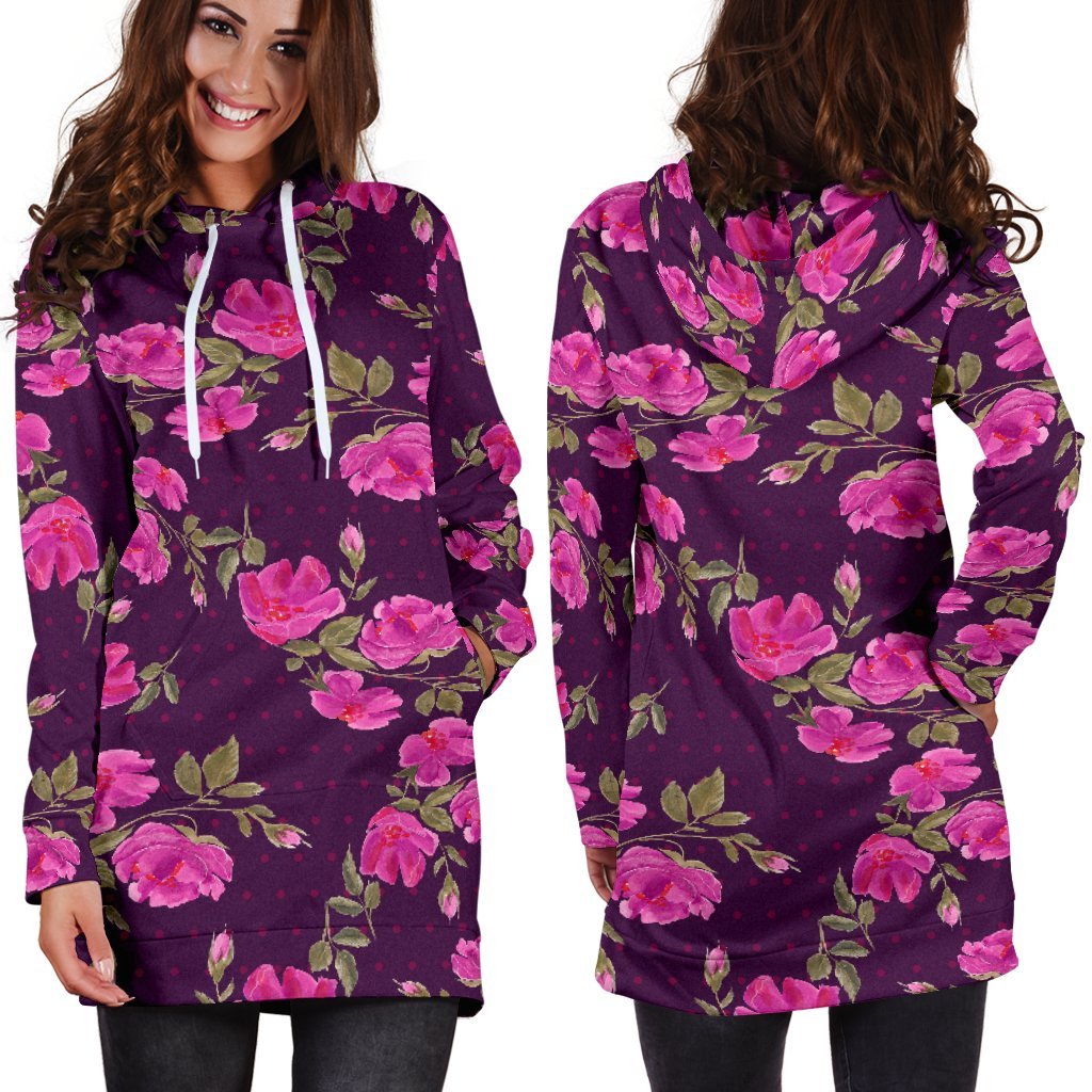 Purple Floral Flower Pattern Print Hoodie Dress GearFrost