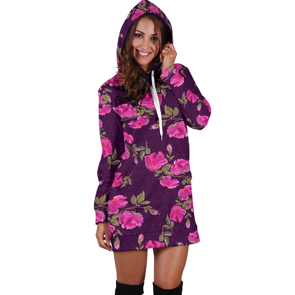 Purple Floral Flower Pattern Print Hoodie Dress GearFrost