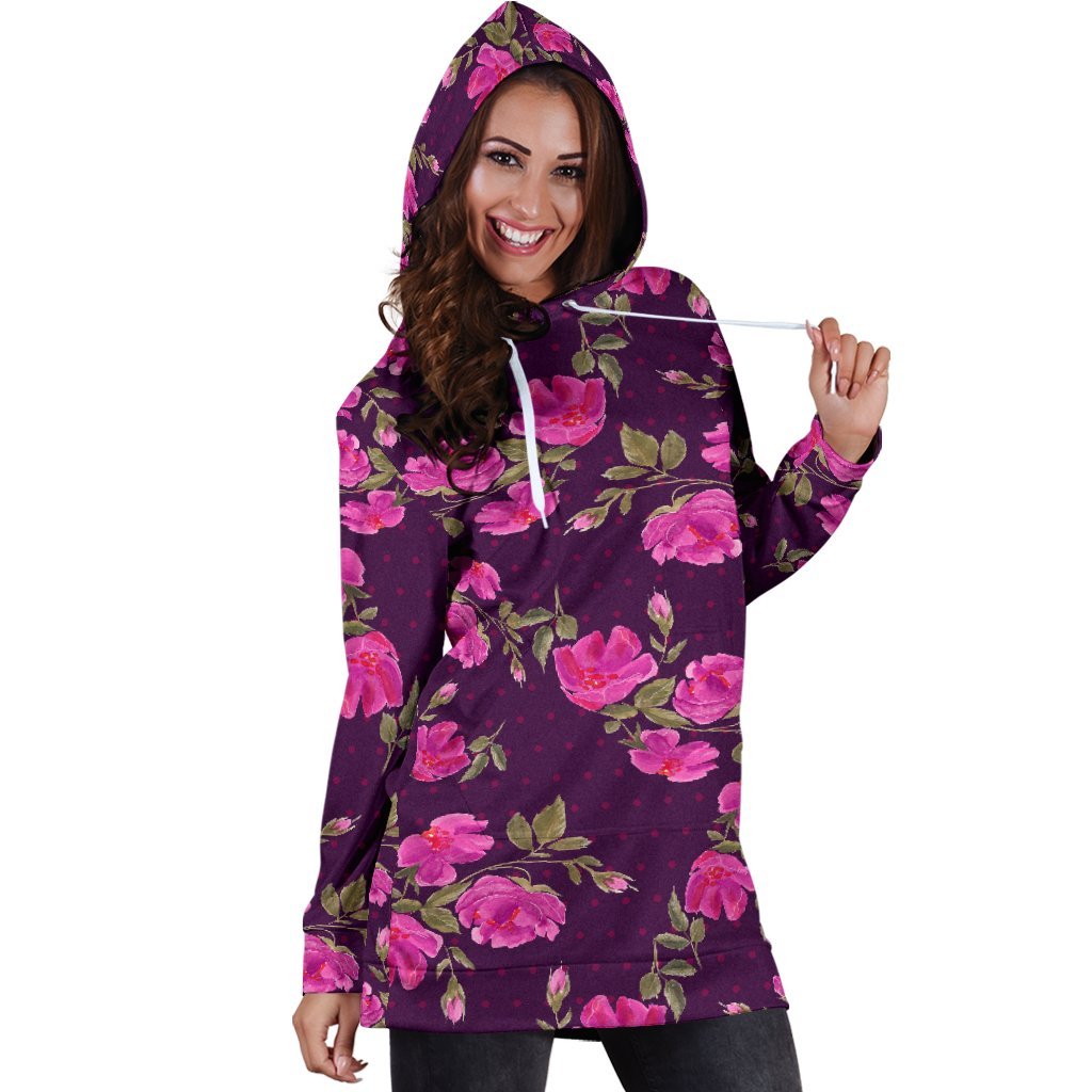 Purple Floral Flower Pattern Print Hoodie Dress GearFrost