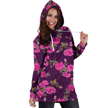 Purple Floral Flower Pattern Print Hoodie Dress GearFrost