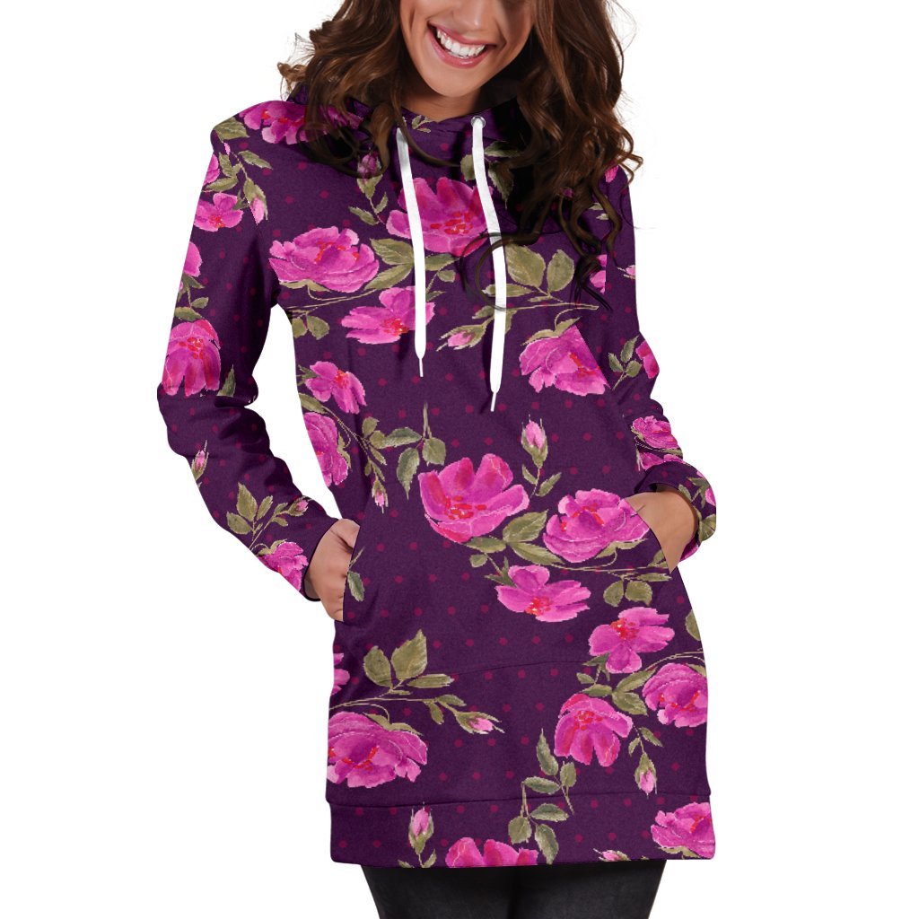 Purple Floral Flower Pattern Print Hoodie Dress GearFrost