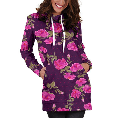 Purple Floral Flower Pattern Print Hoodie Dress GearFrost