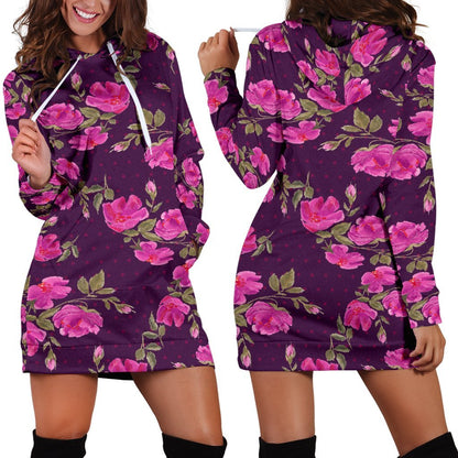 Purple Floral Flower Pattern Print Hoodie Dress GearFrost