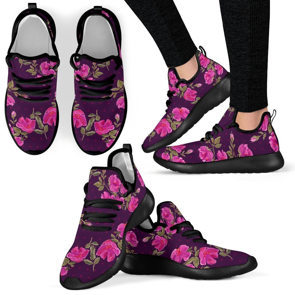 Purple Floral Flower Pattern Print Mesh Knit Shoes GearFrost