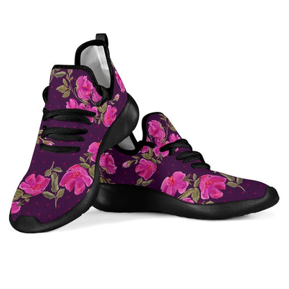 Purple Floral Flower Pattern Print Mesh Knit Shoes GearFrost