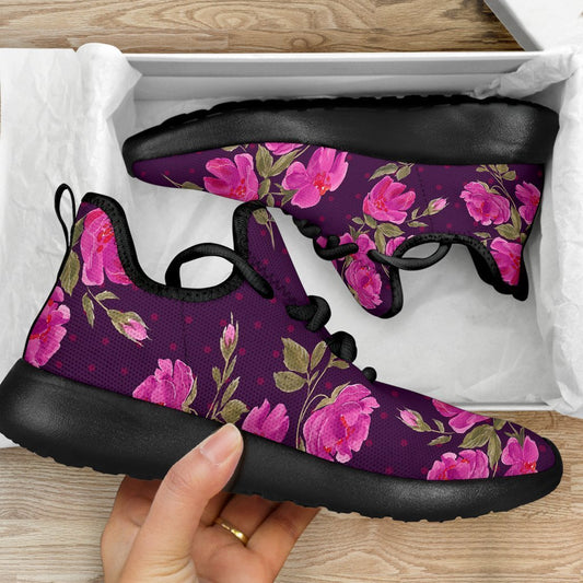 Purple Floral Flower Pattern Print Mesh Knit Shoes GearFrost