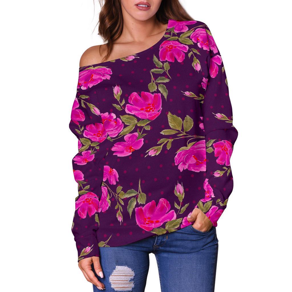 Purple Floral Flower Pattern Print Off Shoulder Sweatshirt GearFrost