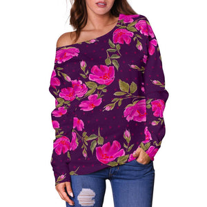 Purple Floral Flower Pattern Print Off Shoulder Sweatshirt GearFrost