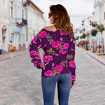 Purple Floral Flower Pattern Print Off Shoulder Sweatshirt GearFrost