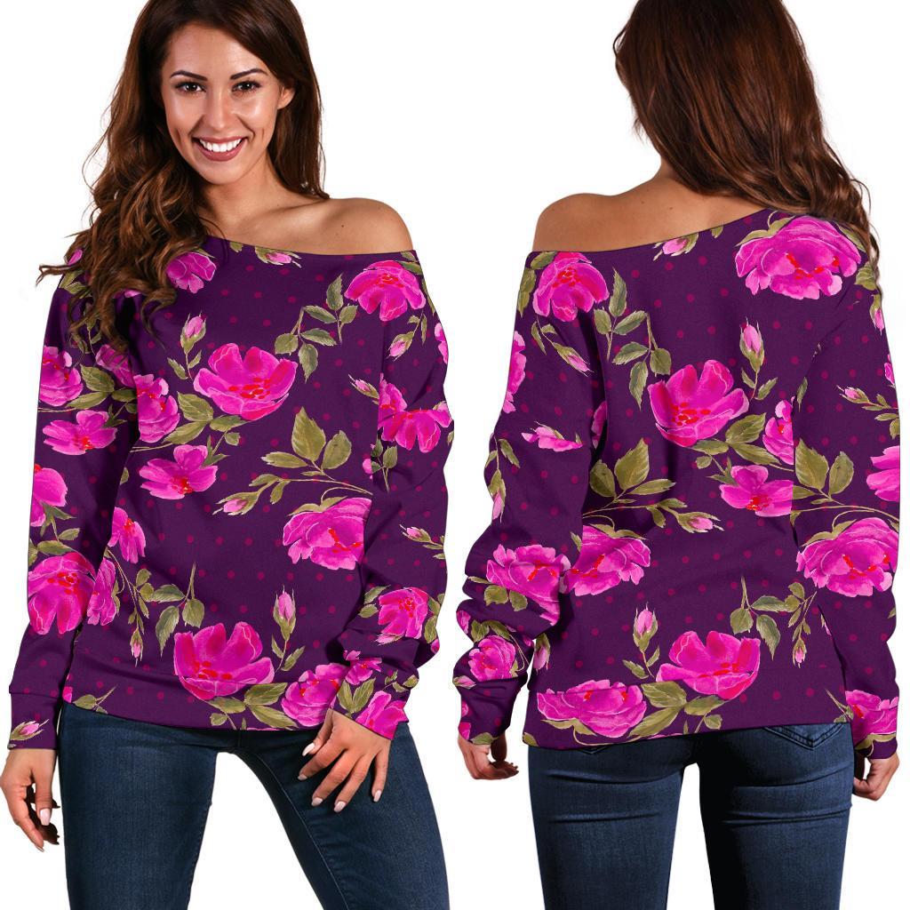 Purple Floral Flower Pattern Print Off Shoulder Sweatshirt GearFrost