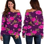 Purple Floral Flower Pattern Print Off Shoulder Sweatshirt GearFrost